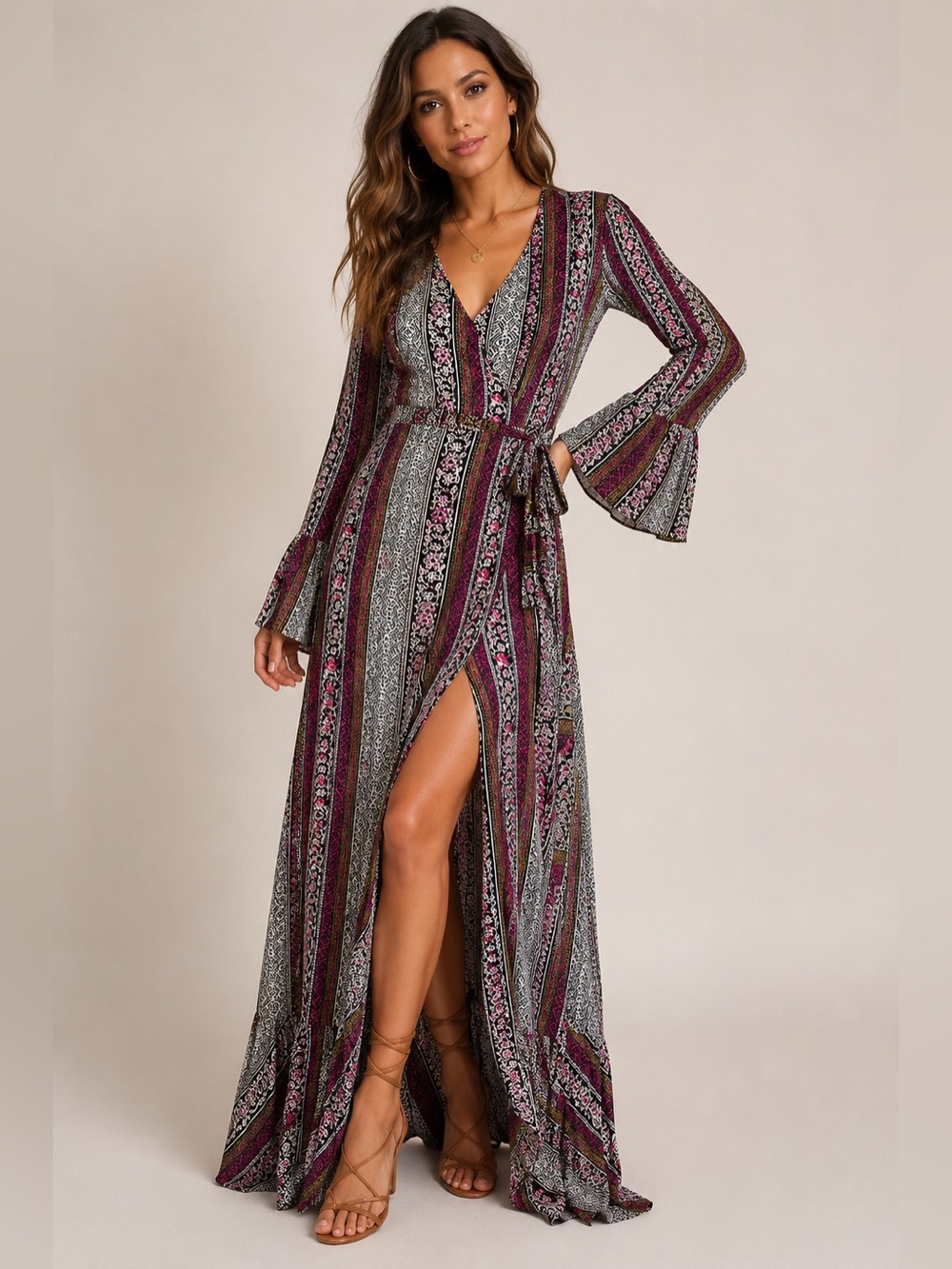 R. Vivimos Boho Wrap Maxi Dress Long Sleeve Bell Sleeve Floral Stripe M 8/10 - Picture 3 of 11